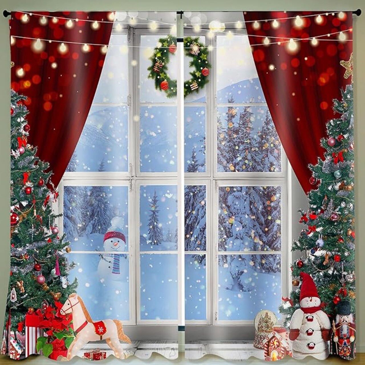 Christmas Curtains 83 x 81 Inch Winter Bedroom Window Drapes Tree Xmas Curtains for Living Room Curtain for Farmhouse Bathroom Kitchen Village(Classic)